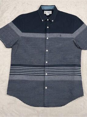 Original Penguin Shirt Mens L Black Gray Striped Button Up Blue Collar